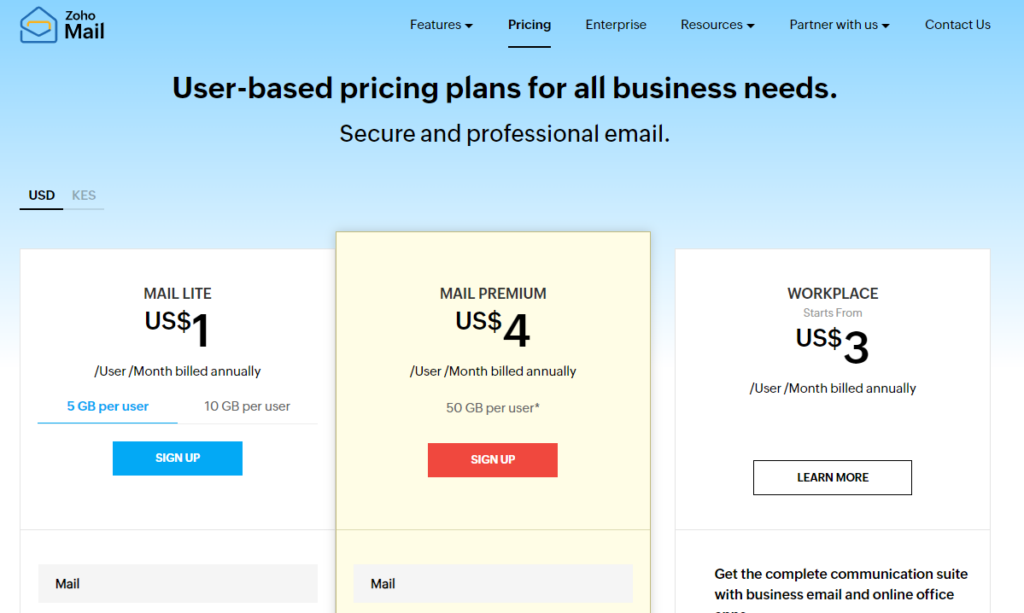 Zoho Mail Pricing Plans